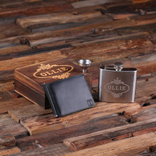 Groomsmen Bridesmaid Gift Personalized Engraved Leather Mens Travel Wallet Money Clip & Steel Whiskey Flask with Wood Box Groomsmen Best Man