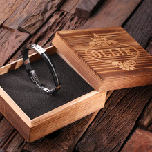 Groomsmen Bridesmaid Gift Leather and Stainless Steel Bracelet with Christian Motif  Black with Wood Box