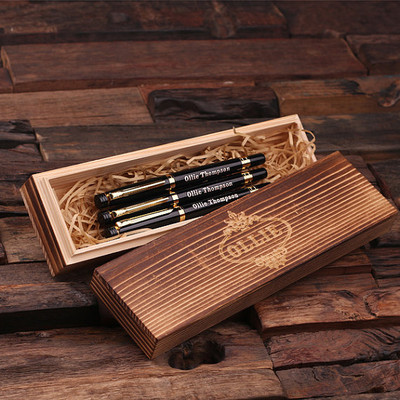 Groomsmen Bridesmaid Gift Set of 3 Metal Pens Gold Hardware with Wood Gift Box