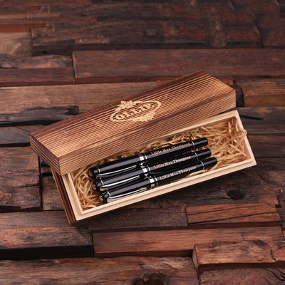 Groomsmen Bridesmaid Gift Set of 3 Metal Pens Silver Hardware with Wood Gift Box