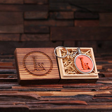 Groomsmen Bridesmaid Gift Acrylic Monogram Key Chain with Wood Box (Orange)