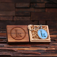 Groomsmen Bridesmaid Gift Acrylic Monogram Key Chain with Wood Box (Blue)