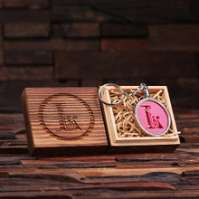 Groomsmen Bridesmaid Gift Acrylic Monogram Key Chain with Wood Box (Pink)