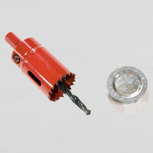 Bi-metal hole saw designed to drill access hole in EarthStraw Aluminum Well Caps when the location of the factory hole is over an obstruction in the well. Also comes with a Hole Plug for unused openings.