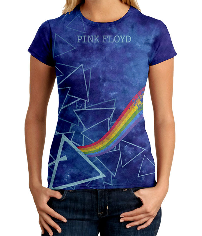 Pink Floyd Prisms Tie-Dye Juniors Long Length T-Shirt Tee Liquid Blue