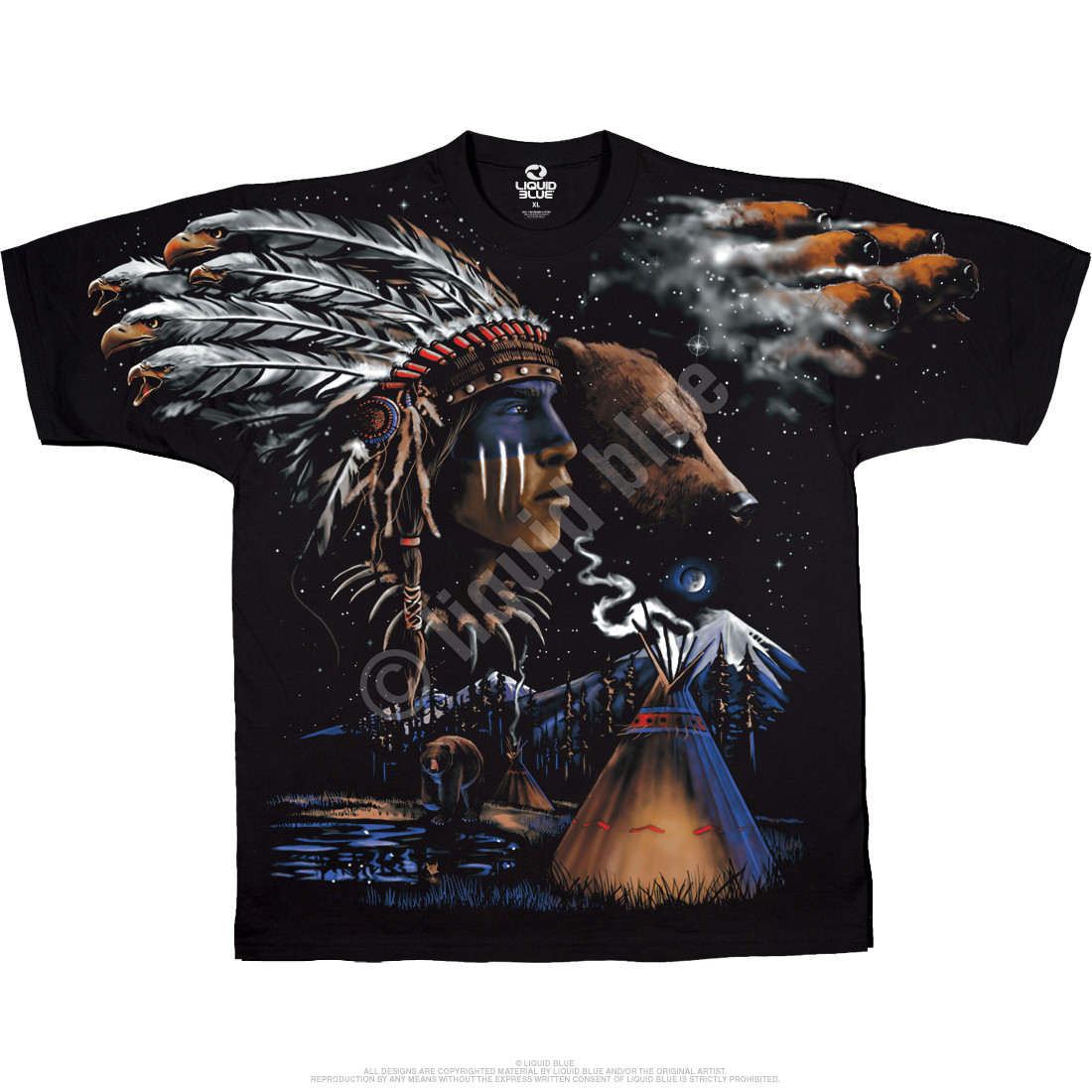 American West Indian Bear Black T-Shirt Tee Liquid Blue