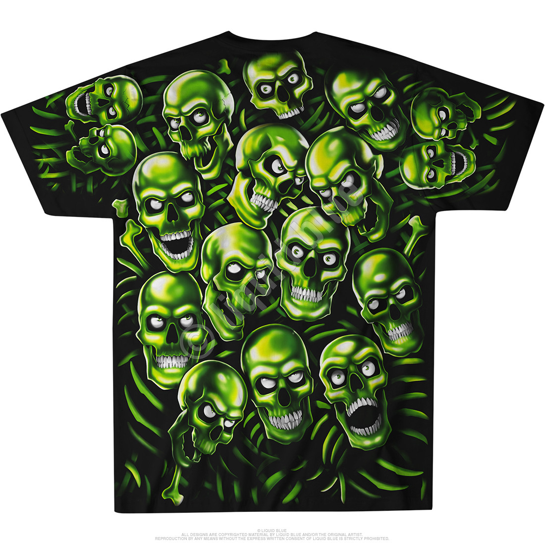 black shirt with green skulls