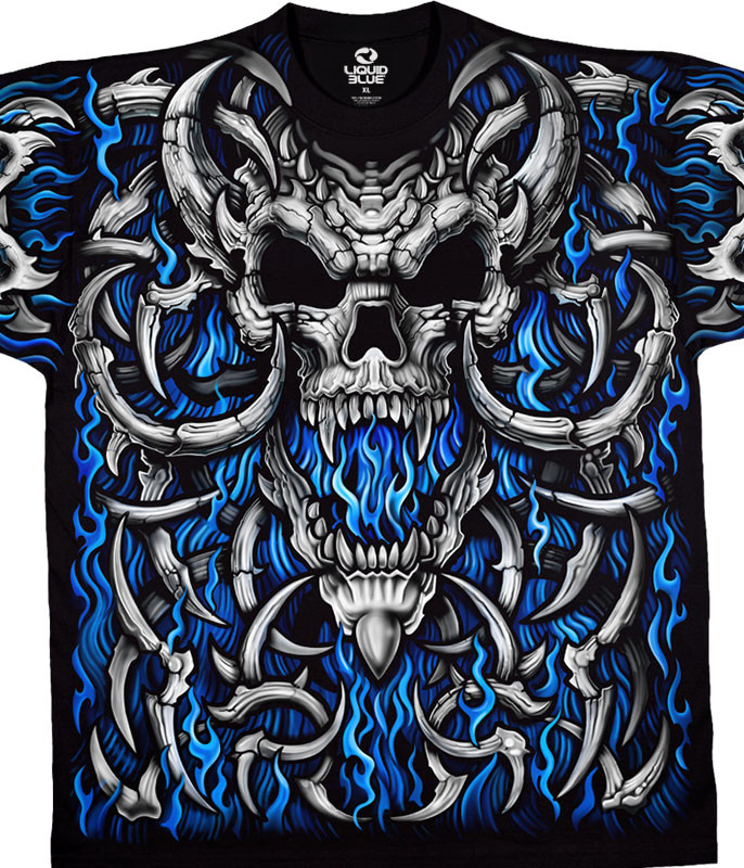 Skulls Blue Flame Skull Black T-Shirt Tee Liquid Blue