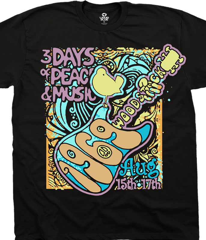 Woodstock Peace And Music Black T-Shirt Tee Liquid Blue