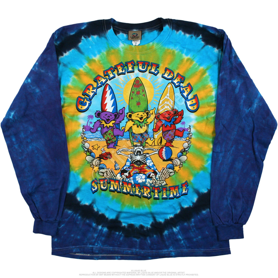 Grateful Dead Beach Bear Bingo Tie-Dye Long Sleeve T-Shirt Tee Liquid Blue