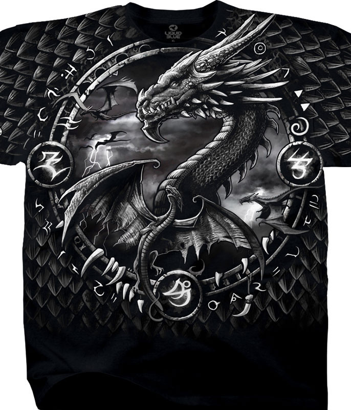 Dark Fantasy Dragon Dreamcatcher Black T-Shirt Tee Liquid Blue