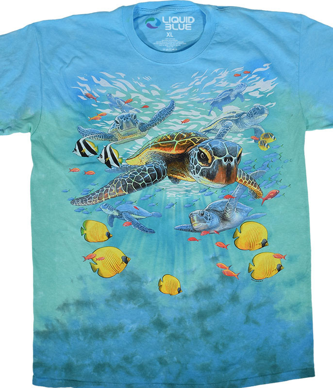 Aquatic Turtle Beach Tie-Dye T-Shirt Tee Liquid Blue