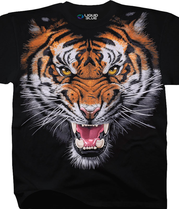 Dark Fantasy Fire Tiger Black T-Shirt Tee Liquid Blue