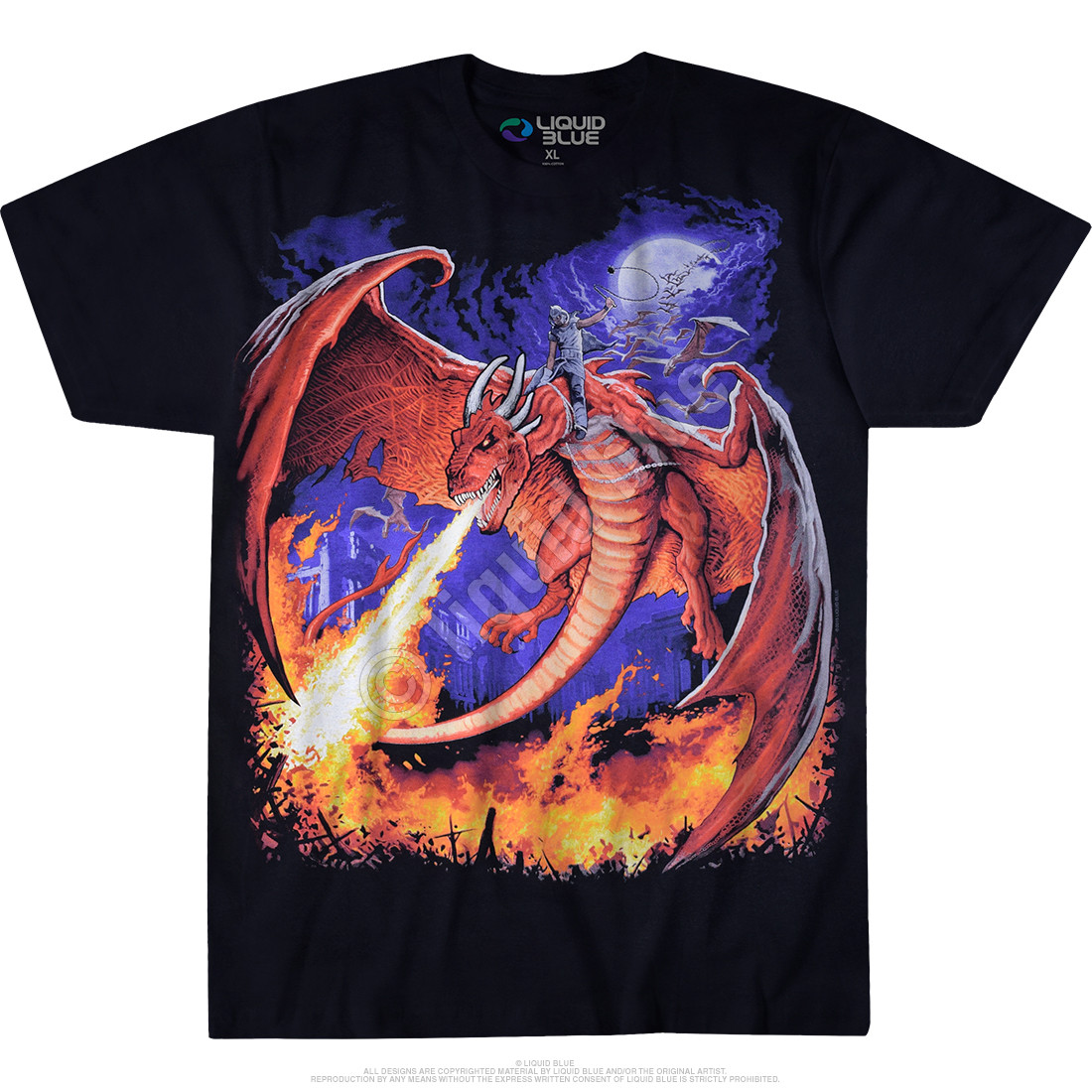 Dark Fantasy Dragon Fire Black T Shirt Tee Liquid Blue