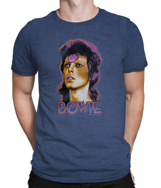 David Bowie Ziggy Medallion Dark Blue Heather Poly-Cotton T-Shirt Tee Liquid Blue
