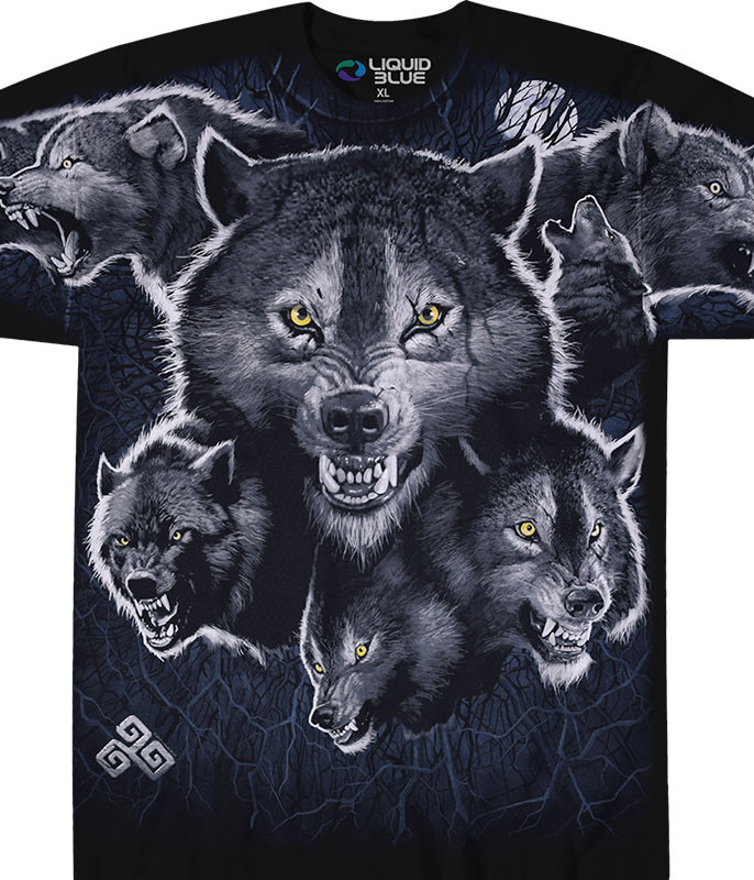 American Wildlife Wolf Pack Black T-Shirt Tee Liquid Blue