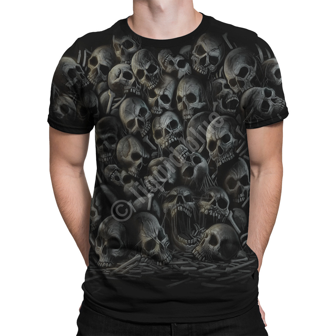 Skulls All Over Skulls Black T-Shirt Tee Liquid Blue