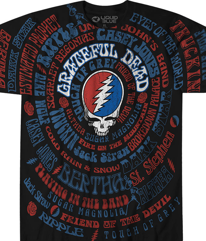 Grateful Dead GD Songs Black Athletic T-Shirt Tee Liquid Blue