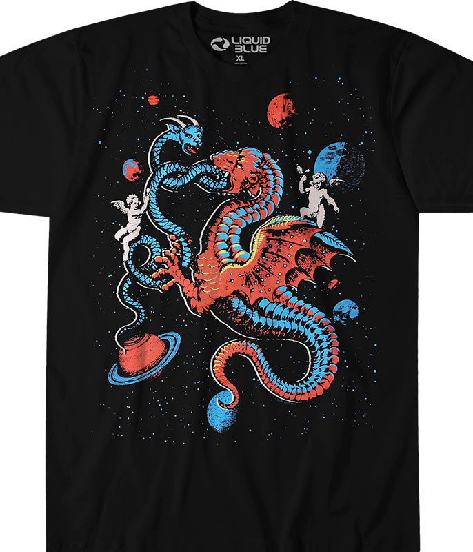 Light Fantasy Celestial Dragons Black T-Shirt Tee Liquid Blue