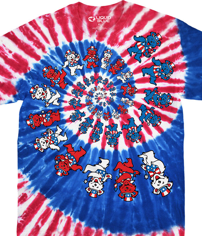 4th of July Spiral Patriotic Bears Tie-Dye T-Shirt Tee Liquid Blue