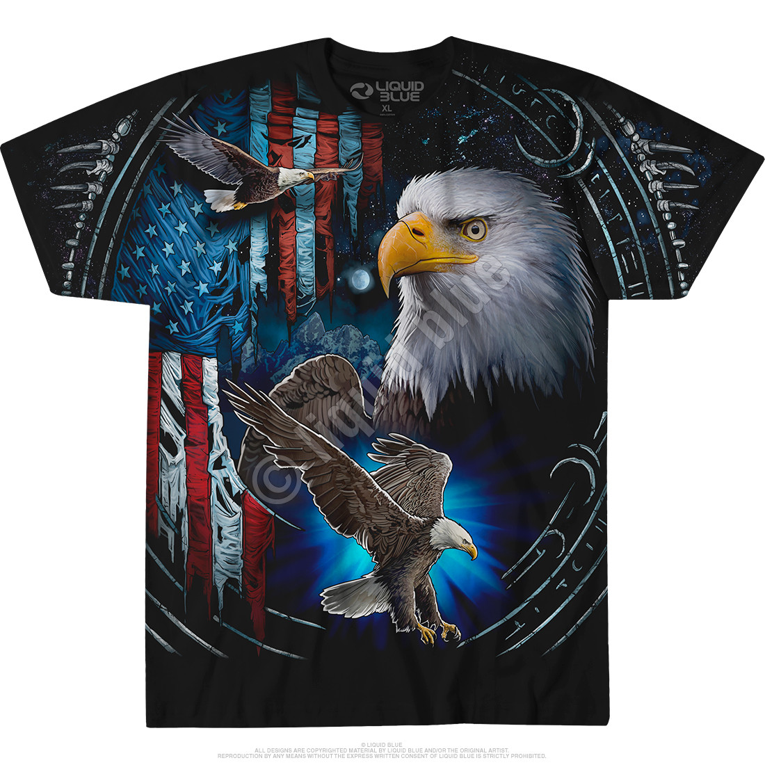 Exotic Wildlife Tribal Eagle Black T-Shirt Tee Liquid Blue