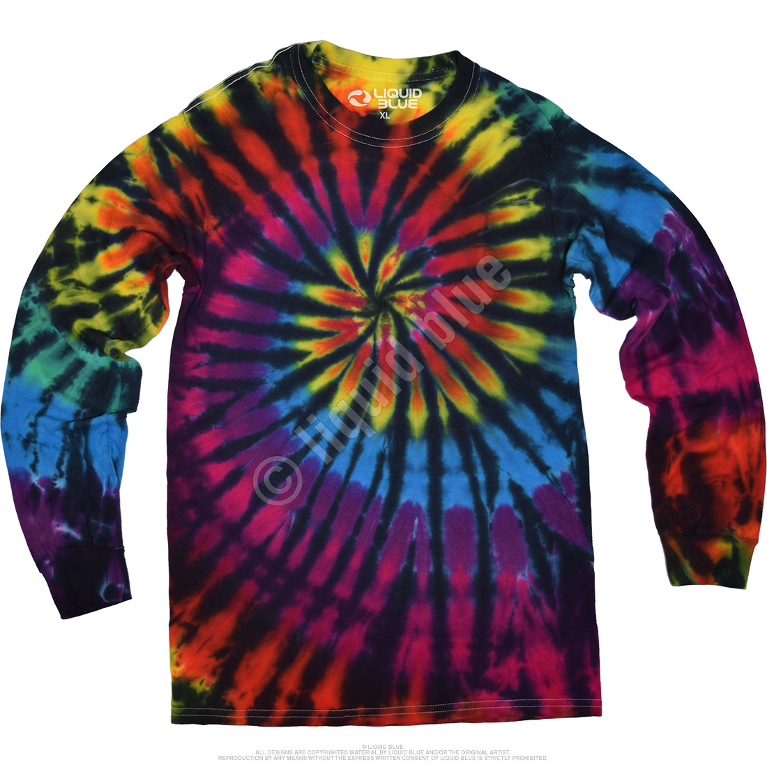 Rainbow Spiral Streak Unprinted Tie-Dye Long Sleeve T-Shirt Tee Liquid Blue