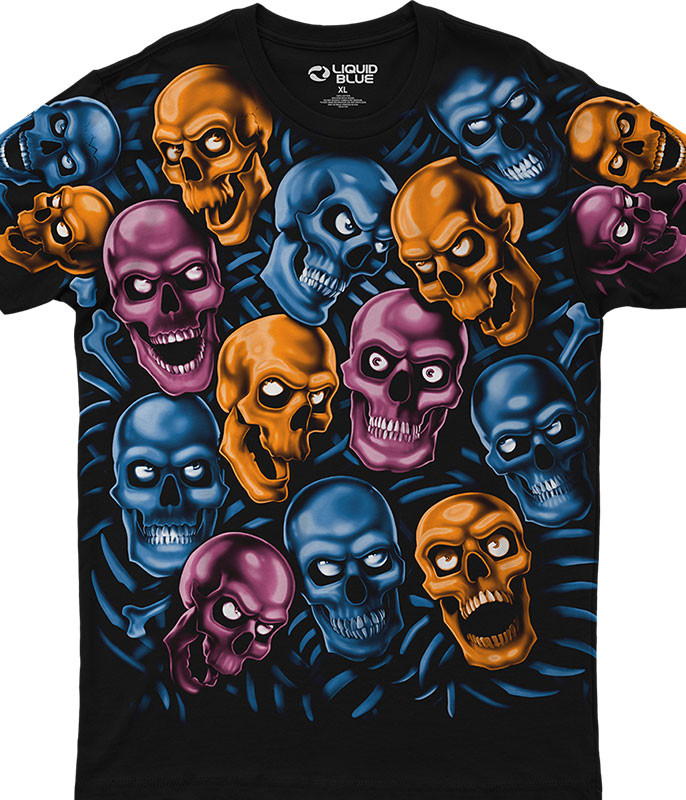 Skulls Skull Pile Blue Pink Orange Black Athletic T-Shirt Tee Liquid Blue