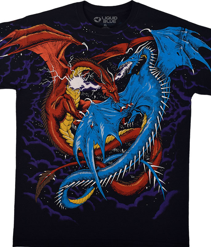 Dark Fantasy Dueling Dragons Black T-Shirt Tee Liquid Blue