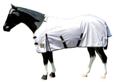 Great for cooling, and keeping bugs off on hot summer days, this mesh fly sheet by Sleazy Sleepwear for Horses™ is first quality. It is constructed of a tough yet supple, highly breathable, mid weight polyester mesh.

 

Feature List:
• Double buckle open front design
• Reinforced shoulder gussets
• Shoulder area lined with 70 denier nylon to
  help prevent shoulder rub
• Extra deep cut with crossing surcingles
• Tail protector & fleece withers protector
• Removable elastic rear leg straps
• Black binding w/silver accent plus logo patch
Color – White with black binding and silver metallic accent

Limited Sizes Available