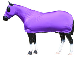 Looking for that "all over" shine?  The Sleazy Full Body provides your horse head to tail coverage.  A full separating zipper, from chin to chest, allows easy dressing. Sleazy Full Bodies have adjustable rear leg straps with snap hook closures. Sleazy Stretch Full Bodies come in 6 sizes and are made of either nylon or polyester spandex.  The body portion is reinforced along the back to prevent over-stretching.  Sizing is calculated the same way as a traditional blanket.  Available in all of the current colors offered by Sleazy Sleepwear for Horses™.