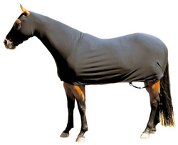Looking for that "all over" shine and a little extra warmth? The Sleazy Fleece Full Body provides your horse head to tail coverage. A full separating zipper, from chin to chest, allows easy dressing. Sleazy Full Bodies have adjustable rear leg straps with snap hook closures. Sleazy Stretch Fleece Full Bodies come in 6 sizes and are made of polyester and spandex. The body portion is reinforced along the back to prevent over-stretching. Sizing is calculated the same way as a traditional blanket. Available in Black Only.