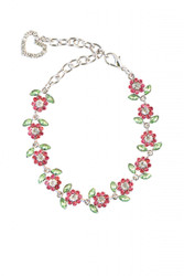 Flower Power with bling!  This floral design pet collar is very feminine, with it's pink rhinestone petals that surround a larger sparkling clear rhinestone and pale green rhinestone leaves.  Accented at the end with a clear rhinestone  heart.  Contains 100% lead free zinc alloy.  Collar is approximately 10 inches long.  Fits neck size 7.5 to 10 in.