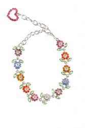 This pet collar is one of our best sellers!  The rhinestone flowers come in a combination of 6 different color petals, a larger sparkling clear rhinestone center and pale green rhinestone leaves.  Accented at the end with a pink rhinestone  heart.  Contains 100% lead free zinc alloy.  Collar is approximately 10 inches long.  Fits neck size 7.5 to 10 in.