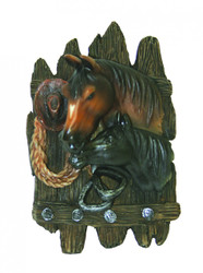 This light weight resin plaque has a western flare.  Featuring a Mother and Baby horse heads with western accents.  Adds a little "western" to any room.  Size is approx. 6 inches tall x 3.75 inches wide.