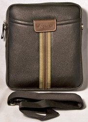 This stylish leather bag comes with a black nylon shoulder strap with leather tabs.  Works great as a small travel bag.  Features a large front slide pocket covered by a chocolate leather flap that is embossed with "Windhorse."  Flap has a magnetic closure.  Full-zip main compartment, fully lined, 1 interior zippered pocket, cell phone and PDA pouch with pen loops.  Two additional large separated compartments inside.  Large slide pocket on the back with a magnetic snap closure.

Overall Measurements: 9" L x 2.5" W x 10" H