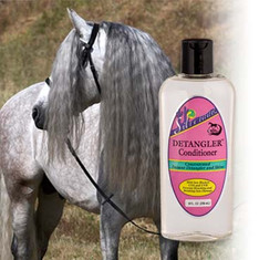 Silverado Detangler™ - A high grade blend of conditions, penetrate even the most dry, brittle, tangled manes & tails, leaving them soft, shiny and tangle-free.

Silverado Detangler™ with added Sun Block Protection. UV-A & UV-B blockers protect and prevent manes and tails from bleaching & breaking caused by sun damage.

Silverado Detangler™ is concentrated lasts, for days, repels dirt and dust, controls static.

Easy To Use. 8 oz. Dispensing Bottle.