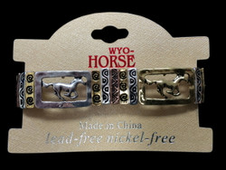 Running Horses race across this elastic stretch bracelet. 
Designed with a three color combination of silver, gold, and copper that are made of alloy that will not tarnish.

Lead and Nickel Free