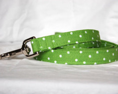 Gree Polka Dot Chasin' Tail Leash

Chasin' Tail Doggie Designs are special handmade creations.  Each piece is made by hand, with care, in Boring Oregon.

Chasin' Tail handcrafted leashes are 5 feet in lenght available in 3 widths.  They feature a durable swivel hook.

Leashes are made from a washable fabric.  Gently wash and hang to dry.  Chasin' Tail dog leashes can be ironed with a cool iron to remove wrinkles if they should appear.

Chasin' Tail leashes come in the following widths.


SM 5/8" wide

Med 3/4" wide

LG  1" wide

Chasin' Tail also offers matching handmade collars and cute collar accessories like Bow Ties and Flowers.  Look for them to order and complete your pet's special look.