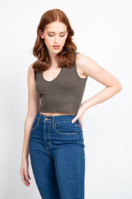 C'est Moi Bamboo Deep V Crop Top in Olive