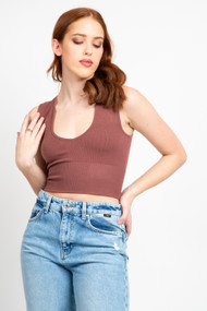 C'est Moi Bamboo Deep V Crop Top in Chestnut