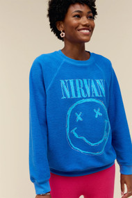 Daydreamer Nirvana Smiley Reverse Raglan Crew in Washed Cobalt