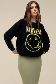 Daydreamer Nirvana Smiley Reverse Raglan Crew in Black Onyx