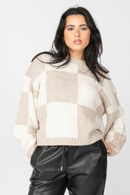 Dex Colorblock Sweater in Oat + Camel Check