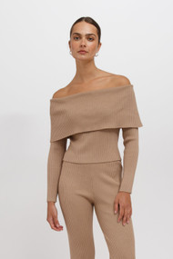 Brunette The Label Elle Off The Shoulder Sweater in Fawn