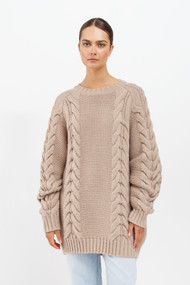 Brunette The Label Adele Cable Knit Big Sister Sweater in Fawn