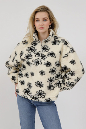Brunette The Label Floral Half Zip Sherpa in White
