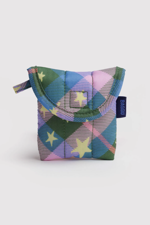 Baggu Puffy Earbuds Case in Green Star Plaid
