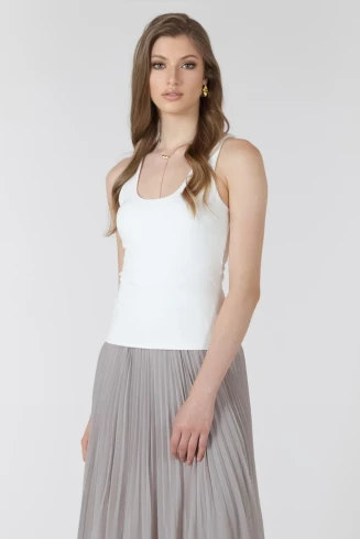 Close up front view of Black Tape scoopneck tank in white showing ribbed texture and neckline