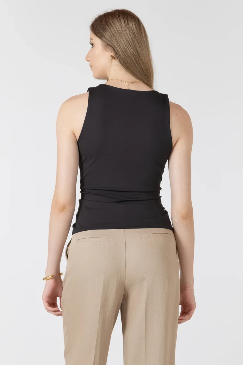 Back view of Black Tape black scoopneck tank showing smooth fit and back coverage
