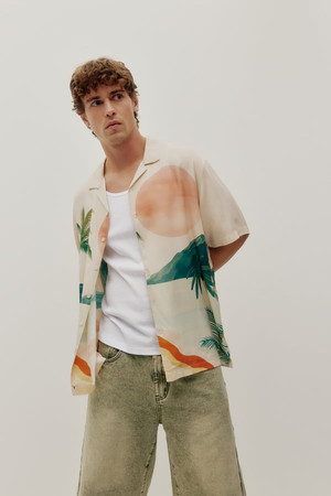 KuwallaTee Beach Shirt in Cream Tropical Sunset